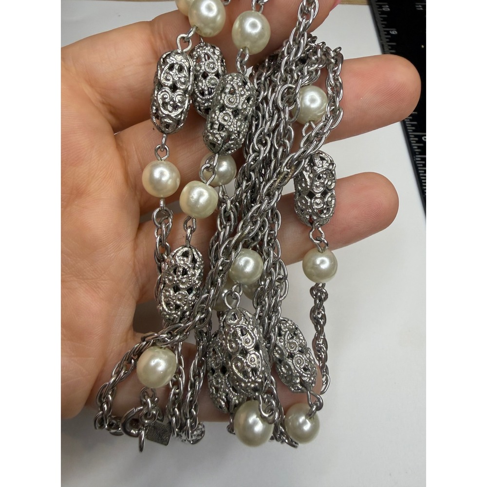 Napier Vintage Silver Tone Faux Pearl Filigree Bead Opera Length Necklace 36"